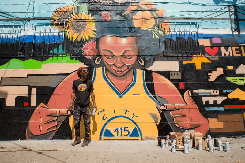 Mural by Andre Jones in partnership with the Golden State Warriors