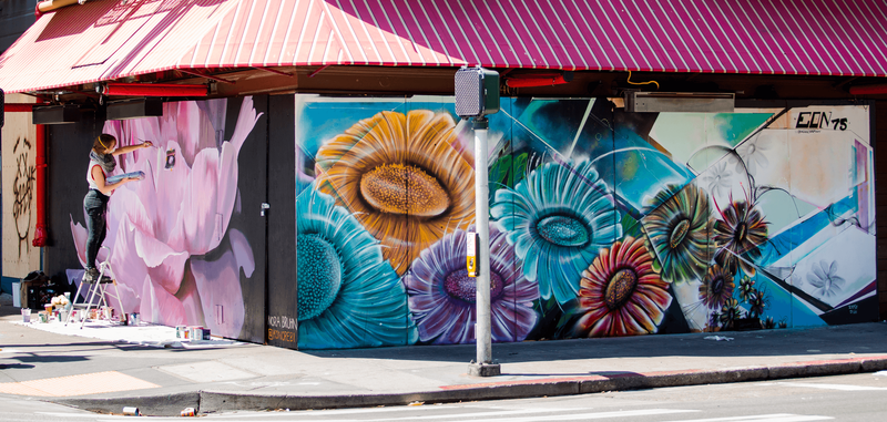Murals by Nora Bruhn (left) and Eon75 (right) for Absinthe in San Francisco