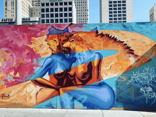 A mural by □ @wolfe_.pack and curated by @paintthevoidproject in downtown SF