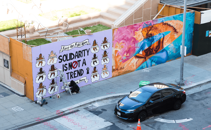 Murals by Bianca Rivera (left) and Rachel Wolfe-Goldstein (right) for SFMTA Central Subway Project
